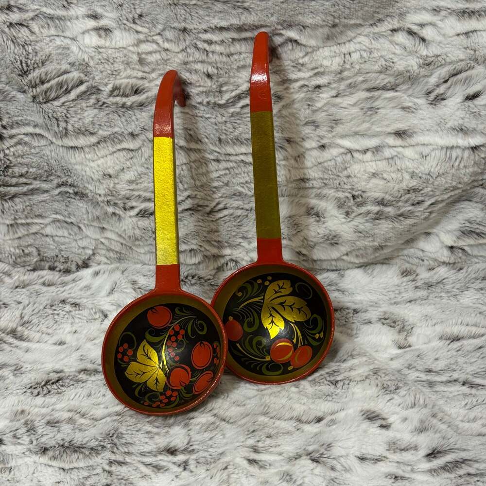 2Pc Vintage Russian Khokhloma Hand Painted Wooden Ladle Folk Art Spoon